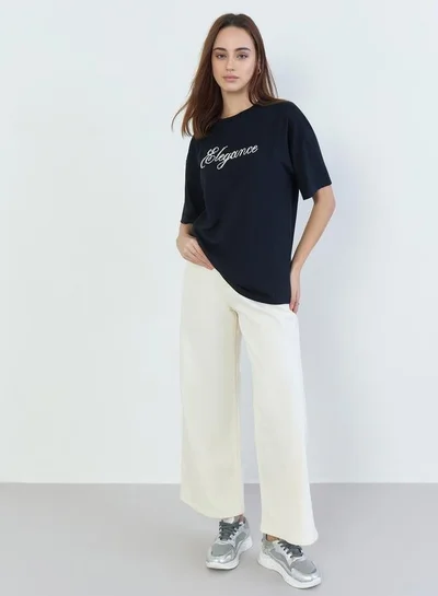 Styli Black Beaded Slogan Oversized T-Shirt